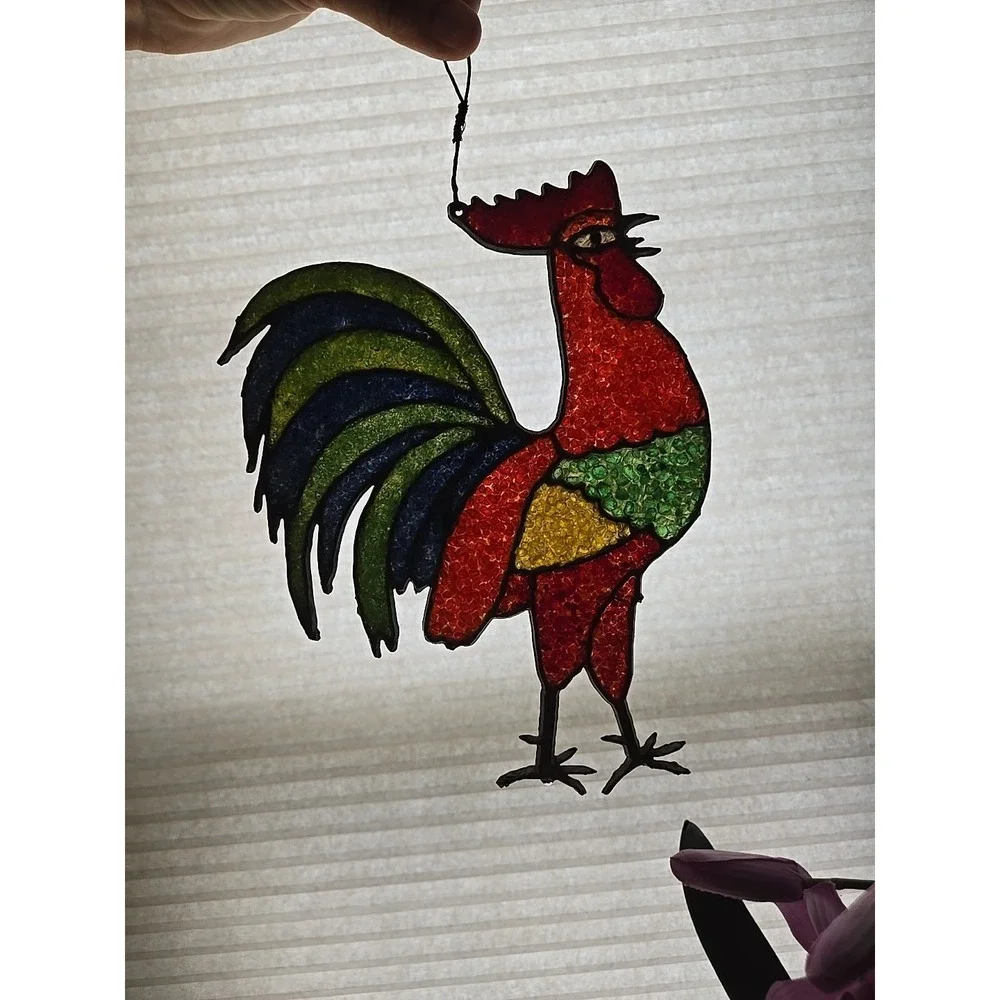 Rooster Stained Glass Window Panel Sun‎ Catcher Chiken Hanging Decor Farmhouse